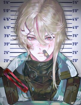 Rule 34 | 1boy, artist name, bad source, bandage on face, bandages, bandaid, bandaid on cheek, bandaid on face, bandaid on nose, black shirt, blonde hair, blood, blood on face, bruise, bruise on face, closed mouth, cuts, hair between eyes, hair ornament, height chart, high collar, highres, injury, jacket, looking at viewer, male focus, mask, mask around neck, multicolored hair, original, pink hair, pulppunk001, red eyes, shirt, solo, straight-on, streaked hair, turtleneck, upper body, watermark, weibo username, weibo watermark