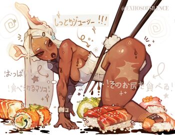 1girl animal_ears arm_support boku_no_hero_academia breasts chopsticks dark-skinned_female dark_skin exhosofsilence food full_body highres large_breasts leotard long_hair mirko rabbit_ears rabbit_tail solo soy_sauce sushi tail thick_thighs thighs white_hair