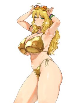 1girl absurdres adjusting_eyewear ahoge armpits arms_up belly bikini blonde_hair bracelet breasts cowboy_shot eyewear_on_head fingernails from_side gold_bikini green_eyes green_nails grin highres hoshii_miki huge_breasts idolmaster idolmaster_(classic) jewelry kumako_(kumakonoh) long_fingernails long_hair looking_at_viewer nail_polish navel necklace plump side-tie_bikini_bottom simple_background smile solo standing sunglasses swimsuit white_background