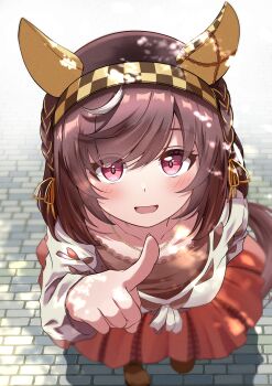 1girl absurdres animal_ears brown_hair brown_skirt buena_vista_(casual)_(umamusume) buena_vista_(umamusume) checkered_hairband collarbone commentary_request ear_covers from_above hair_between_eyes hairband highres horse_ears horse_girl horse_tail jewelry k1kojima long_sleeves looking_at_viewer necklace pointing pointing_at_viewer purple_eyes skirt smile solo sweater tail umamusume white_sweater yellow_hairband