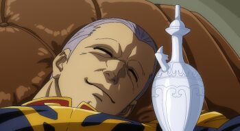 1boy bottle closed_eyes closed_mouth commentary_request couch gihren_zabi gundam gundam_gquuuuuux korean_commentary male_focus on_couch purple_hair scene_reference short_hair sleeping smile solo spit_(takethestrain)