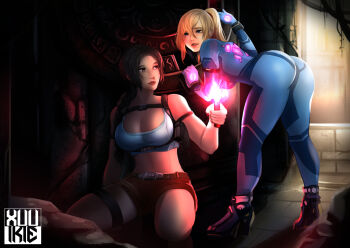 2girls absurdres ass blue_eyes breasts cleavage crossover highres huge_ass lara_croft large_breasts metroid multiple_girls nail_polish navel nintendo ponytail samus_aran shorts thighs tomb_raider zero_suit