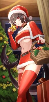 1girl :/ basket black_choker black_hair blush box capelet choker christmas christmas_ornaments christmas_star christmas_tree closed_mouth colored_inner_hair commentary_request cowboy_shot cross cross_earrings earrings elbow_gloves ellen_joe fingerless_gloves fins fish_tail fur-trimmed_capelet fur-trimmed_headwear fur-trimmed_skirt fur-trimmed_tube_top fur_trim gift gift_box gloves hat highres holding holding_basket indoors jewelry looking_at_viewer matsuhisa_(ryo-tsuda1) midriff mole mole_under_eye multicolored_hair navel night pom_pom_(clothes) razor_blade_hair_ornament red_capelet red_eyes red_gloves red_hat red_nails red_skirt red_thighhighs red_tube_top santa_costume santa_hat scar scar_on_tail shark_girl shark_tail short_hair skirt sky solo star_(sky) starry_sky strapless tail thighhighs tube_top window zenless_zone_zero