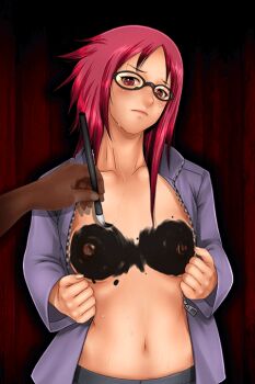 1boy 1girl animated animated_gif bodypaint breasts dark_skin glasses ink karin_(naruto) naruto_(classic) naruto_(series) naruto_shippuuden navel nipples open_clothes red_hair sakuradou solo_focus sweat