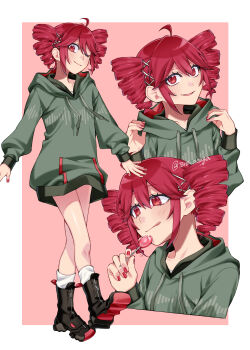 1girl absurdres black_boots boots border candy drill_hair food grey_hoodie highres holding holding_candy holding_food holding_lollipop hood hood_down hoodie kasane_teto kasane_teto_(voicepeak) lollipop long_sleeves looking_at_viewer multiple_views nail_polish outside_border pink_background red_eyes red_hair red_nails socks tere_douga twin_drills utau white_border white_socks