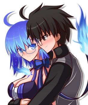 1boy 1girl absurdres ahoge black_dress black_eyes black_hair black_jacket blue_eyes blue_fire blue_hair blush breasts c.i.e.l_(fate) ciel_(tsukihime) cleavage dress fate/grand_order fate_(series) fire glasses hetero highres hug hug_from_behind jacket sakurello short_hair star_ciel_(fate) tohno_shiki tsukihime tsukihime_(remake)