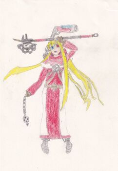 1girl absurdres artificial_eye blonde_hair cosplay cyborg eiyuu_densetsu highres holding holding_wrench incense_burner mechanical_arms mechanical_eye mechanical_legs omnissian_axe plasma_gun red_robe robe sora_no_kiseki techpriest tita_russell tools warhammer_40k wrench