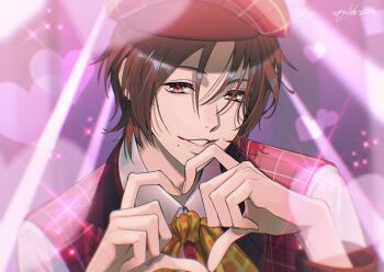 1boy akua brown_eyes brown_hair collared_shirt commentary_request hands_up hat heart heart_hands idol king_of_prism long_sleeves looking_at_viewer male_focus mole mole_under_mouth neck_ribbon pink_background pretty_rhythm pretty_series red_hat ribbon shirt short_hair smile solo spotlight upper_body vest white_shirt yamada_ryou_(pretty_series) yellow_ribbon