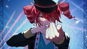 1girl alternate_costume black_hair black_jacket blue_background blue_shirt collarbone drill_hair fighting_stance flat_chest hair_over_one_eye hat highres jacket kasane_teto kepi long_sleeves looking_at_viewer military_hat petals red_eyes samsap shirt simple_background solo twin_drills upper_body utau white_petals