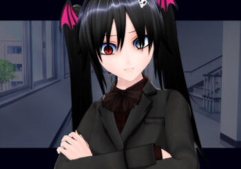 1girl 3d artificial_academy_2 bat_(animal) black_hair dark female_focus goth_fashion grey_eyes heterochromia indoors nature night nocturne_krumenker original plant red_eyes school_uniform sky solo upper_body
