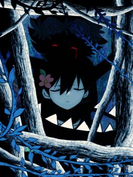 Rule 34 | 2boys, alternate eye color, basil (headspace) (omori), basil (omori), closed eyes, closed mouth, colored skin, commentary request, double-parted bangs, flower, flower wreath, hair flower, hair ornament, head wreath, highres, kauchi (kani10cauchi), male focus, multiple boys, omori, omori (omori), red eyes, short hair, white skin