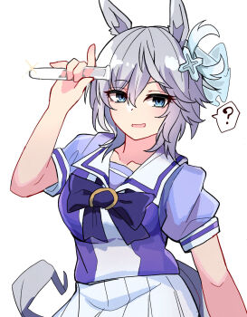 1girl ? agnes_tachyon_(umamusume) anastasia_(idolmaster) animal_ears arm_up blue_eyes borrowed_hairstyle bow collarbone glint grey_hair highres holding horse_ears horse_girl horse_tail idolmaster idolmaster_cinderella_girls kawamochi_(kawauti919) pleated_skirt puffy_short_sleeves puffy_sleeves purple_bow purple_shirt school_uniform shirt short_sleeves simple_background skirt solo spoken_question_mark tail test_tube tracen_school_uniform uesaka_sumire umamusume vial voice_actor_connection white_background white_skirt wolf_cut