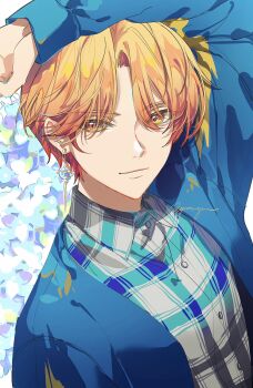 1boy arm_up buttons closed_mouth collared_shirt curtained_hair earrings eyes_visible_through_hair highres jewelry long_sleeves looking_at_viewer male_focus official_alternate_costume official_alternate_hairstyle orange_eyes plaid_clothes plaid_shirt project_sekai shirt short_hair solo tenma_tsukasa twitter_username upper_body wing_collar yion_yu zozotown