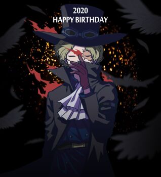 Rule 34 | 1boy, 2020, ascot, belt, bird, black background, black coat, blonde hair, blue shirt, brown gloves, closed eyes, coat, commentary, crow, embers, gloves, happy birthday, masukawagen, one piece, sabo (one piece), scar, scar on face, shirt, short hair, solo, white ascot