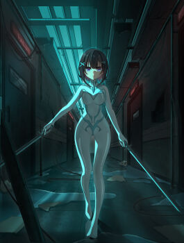 1girl absurdres black_hair bodysuit cluebox covered_collarbone door dual_wielding hair_ornament hairclip hallway highres holding holding_sword holding_weapon latex latex_bodysuit original puddle purple_eyes reflection shiny_clothes short_hair skin_tight solo straight-on sword variant_set walking weapon white_bodysuit