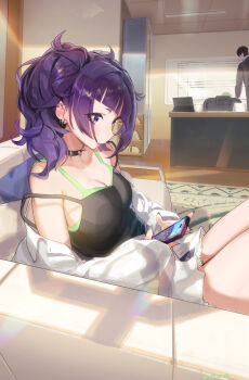 1boy 1girl absurdres asymmetrical_bangs breasts cellphone collar commentary couch ear_piercing highres holding holding_phone idolmaster idolmaster_shiny_colors long_hair nail_polish on_couch phone piercing producer_(idolmaster) purple_eyes purple_hair purple_lips purple_nails shirt_partially_removed smartphone spiked_collar spikes strap_slip tanaka_mamimi uouokuma