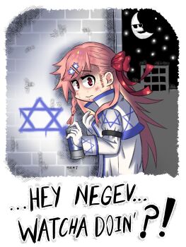 ! 1girl ? absurdres artist_name bow braid capelet commentary english_commentary english_text girls'_frontline gloves graffiti hair_between_eyes hair_bow hair_ornament hairclip hexagram highres long_hair looking_at_viewer mac_tonight negev_(girls'_frontline) nervous_sweating night parody pink_hair red_bow red_eyes red_ribbon ribbon serjatronic sky solo spray_can star_of_david sweat white_capelet white_gloves