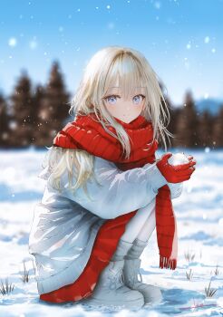 1girl blonde_hair blue_eyes blue_sky blurry blurry_background closed_mouth coat commentary day depth_of_field from_side full_body gloves grey_coat grey_shirt grey_shoes highres holding holding_snowball jizell light_smile long_hair looking_at_viewer looking_to_the_side original outdoors pantyhose red_gloves red_scarf red_skirt scarf shirt shoes skirt sky snow snowball snowing solo split_mouth squatting symbol-only_commentary turning_head white_pantyhose winter winter_clothes winter_coat