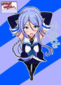 1girl arms_behind_head black_gloves black_serafuku black_skirt black_thighhighs blue_background blue_eyes blue_hair blue_neckerchief braid breasts elbow_gloves from_above full_body gloves hair_flaps highres kantai_collection medium_breasts neckerchief one-hour_drawing_challenge pleated_skirt school_uniform serafuku shirt signature single_braid skirt sleeveless sleeveless_shirt solo striped_background thighhighs twitter_username umikaze_(kancolle) yujimiya