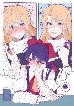 2girls absurdres ascot blonde_hair blush bow braid brown_hair chinese_commentary commentary_request cup detached_sleeves flying_sweatdrops frilled_bow frilled_hair_tubes frills hair_bow hair_tubes hakurei_reimu head_rest highres hitte5416 kirisame_marisa long_hair multiple_girls open_mouth purple_bow red_bow red_eyes ribbon-trimmed_sleeves ribbon_trim side_braid single_braid smile speech_bubble spoken_squiggle squiggle sweatdrop thought_bubble touhou yellow_ascot yellow_eyes yunomi