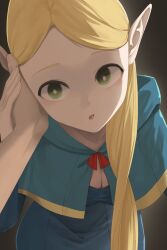 Rule 34 | 1girl, 1other, absurdres, blonde hair, blue capelet, blue robe, breasts, capelet, cleavage, dungeon meshi, elf, green eyes, highres, hood, hooded capelet, long hair, marcille donato, pointy ears, pov, qazplm951, robe