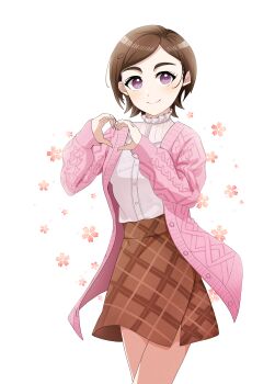 1girl argyle_clothes argyle_skirt black_hair brown_hair brown_skirt coat hair_ornament heart heart_hands highres idolmaster idolmaster_cinderella_girls looking_at_viewer matsuo_chizuru open_clothes open_coat pink_coat purple_eyes shirt short_hair skirt smile solo sonakao standing white_background white_shirt