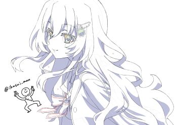 1girl 9-nine- blush_stickers bow bowtie cardigan clip_studio_paint_(medium) closed_mouth color_trace commentary_request eyes_visible_through_hair ezukiyamai floating_hair from_side gear_hair_ornament hair_between_eyes hair_ornament hakusen_academy_school_uniform highres kujou_miyako limited_palette long_hair looking_at_viewer monochrome open_cardigan open_clothes school_uniform sidelocks simple_background smile solo split_mouth star_(symbol) star_print twitter_username upper_body very_long_hair wavy_hair white_background wing_hair_ornament