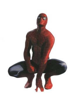 1boy alex_ross animal_print blue_bodysuit bodysuit looking_up male_focus marvel mask multicolored_bodysuit print_bodysuit realistic red_bodysuit silk simple_background solo spider-man spider-man_(series) spider_print spider_web spider_web_print squatting superhero_costume two-tone_bodysuit western_comics_(style) white_background