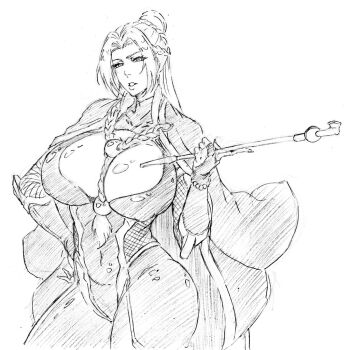 1girl ass between_breasts bodysuit breasts bridal_gauntlets cleavage covered_erect_nipples covered_navel curvy female_focus grandma graphite_(medium) greyscale hand_on_own_hip highres huge_ass huge_breasts inage_natsu long_hair looking_at_viewer mature_female monochrome old old_woman rakusakugk smoking_pipe solo taimanin_(series) taimanin_rpgx taimanin_suit thick_thighs thighs traditional_media wide_hips