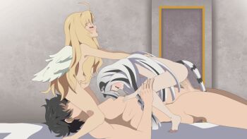 1boy 2girls age_difference animal_ears animated animated_gif atla_fayon bed_sheet bedroom blonde_hair breasts censored cyphernyaw filo_(tate_no_yuusha_no_nariagari) loli multicolored_hair multiple_girls nipples nude sex sitting sitting_on_face sitting_on_person small_breasts tail tate_no_yuusha_no_nariagari tiger_ears tiger_tail wings