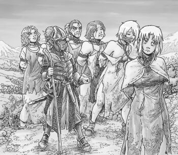 2boys 4girls arms_behind_back bound bound_arms captured coffle collar dark_elf dark_skin elf highres monochrome multiple_boys multiple_girls original pointy_ears shabazik slave