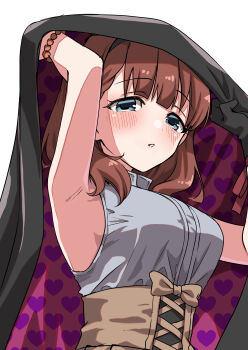1girl :o absurdres armpit_focus armpits bare_arms blunt_bangs blush breasts brown_hair brown_skirt cloak commentary_request cross-laced_clothes cross-laced_skirt grey_shirt high-waist_skirt highres idolmaster idolmaster_cinderella_girls looking_at_viewer medium_breasts sakuma_mayu shirt skirt sleeveless sleeveless_shirt solo tottoto_tomekichi two-sided_cloak two-sided_fabric upper_body