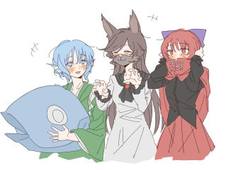 +++ 3girls :d an9_(jwns5327) black_shirt blue_eyes blue_hair blush brown_hair cape closed_eyes commentary_request dress fins fish_hat green_kimono grey_dress halloween hands_in_own_hair hands_up head_fins imaizumi_kagerou japanese_clothes kimono long_hair long_sleeves mask mouth_mask multiple_girls open_mouth pleated_skirt red_cape red_eyes red_hair red_skirt sekibanki shirt short_hair simple_background sketch skirt smile sweatdrop touhou wakasagihime werewolf white_background