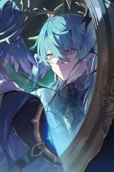 Rule 34 | 1boy, absurdres, black shirt, blue hair, broken mirror, closed mouth, crack, cracked glass, earrings, halo, halo behind head, hashtag-only commentary, head wings, highres, honkai: star rail, honkai (series), jewelry, kanangnsn, male focus, mirror, piercing, shirt, solo, sunday (honkai: star rail), wings, yellow eyes