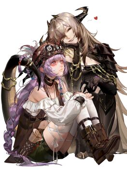 2girls absurdres bare_shoulders black_choker black_headscarf black_shoes blonde_hair blouse blush boots braid braided_sidelock breasts brown_shoes choker cleavage closed_eyes commentary crying crying_with_eyes_open feathers frilled_cuffs full_body goggles goggles_on_head goggles_on_headwear green_shorts hair_over_one_eye hands_on_own_knees headscarf heart hella_(path_to_nowhere) highres horns leather leather_boots long_hair midriff_peek multiple_girls navel off_shoulder path_to_nowhere playing_with_another&#039;s_hair puffy_sleeves purple_eyes purple_hair sharp_teeth shirt shoes shorts simple_background single_shoulder_pad sitting sleeptight smile squatting streaming_tears symbol-only_commentary synex_(path_to_nowhere) tail tears teeth thighhighs very_long_hair white_background white_shirt white_thighhighs