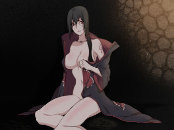 Rule 34 | 1girl, akatsuki (naruto), asymmetrical hair, black hair, bottomless, breasts, coat, female focus, genderswap, genderswap (mtf), jewelry, large breasts, long hair, naked coat, naruto (classic), naruto (series), necklace, open clothes, red eyes, scar, side ponytail, sitting, solo, tattoo, uchiha itachi, zokenwatarushi
