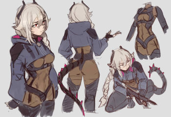 1girl arbuz_budesh black_gloves braid breasts commentary cropped_hoodie english_commentary fingerless_gloves gloves grey_background grey_hair hair_between_eyes highres hood hood_down hoodie horns indie_virtual_youtuber long_hair mechanical_horns mechanical_tail medium_breasts multiple_views red_eyes saruei_(vtuber) scar scar_across_eye scar_on_face simple_background sketch tail virtual_youtuber