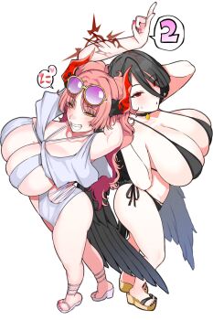 2girls 41_(taskmaster41) anklet arm_behind_head arm_up back-to-back bikini black_bikini black_choker black_hair black_nails black_wings blue_archive breasts choker cleavage demon_horns eyes_visible_through_hair feathered_wings from_above from_side hair_between_eyes hair_over_one_eye hasumi_(blue_archive) hasumi_(swimsuit)_(blue_archive) heart highres horns huge_breasts jewelry lips long_hair low_wings mole mole_on_breast multiple_girls nail_polish one-piece_swimsuit open_mouth orange_eyes pendant_choker pink-tinted_eyewear pink_hair pink_nails platform_sandals plunging_neckline red_eyes sandals satsuki_(blue_archive) side-tie_bikini_bottom sideboob smile standing sunglasses sunglasses_on_head swimsuit tinted_eyewear toenail_polish toenails two_side_up v white_background white_one-piece_swimsuit wings