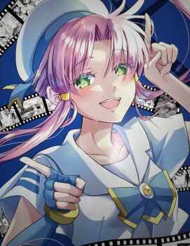 1girl :d absurdres aika_granzchesta alicia_florence aria_(manga) aria_company_uniform beret blue_bow blue_bowtie blue_gloves blue_hair blue_ribbon blush bow bowtie collarbone collared_shirt eyelashes film_grain film_strip fingerless_gloves gloves gold_trim green_eyes hair_tubes hands_up hat hat_ribbon highres izumo_akatsuki looking_at_viewer mizunashi_akari nabana_yuna open_mouth parted_bangs pink_hair ribbon sailor_collar shirt short_hair_with_long_locks short_sleeves single_glove smile solo solo_focus upper_body white_hat