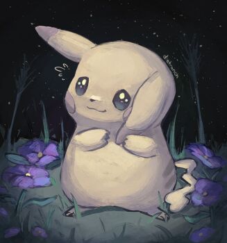 alternate_color closed_mouth dietranch droopy_ears ears_down flower full_body gen_1_pokemon grass highres holding_own_ears night night_sky nintendo no_humans peakychu pikachu pokemon pokemon_(creature) pokemon_focus pokemon_pokopia sky smile solo tail