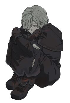1boy andrew_kreiss bags_under_eyes black_capelet black_coat black_gloves black_pants black_shoes blonde_hair capelet clothes_grab coat cross_scar fetal_position frown gloves hair_over_one_eye highres identity_v looking_ahead male_focus omlbz pants red_eyes scar scar_on_face shoes sitting solo stuffing