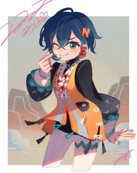 Rule 34 | 1girl, arched back, belle (delicate sunlight) (zenless zone zero), belle (zenless zone zero), blue hair, blush, chinese clothes, closed mouth, commentary request, cowboy shot, cropped legs, crossed bangs, dress, dress over shirt, earrings, finger heart, green eyes, hair between eyes, hair ornament, highres, jewelry, letter hair ornament, looking at viewer, multicolored nails, official alternate costume, one eye closed, orange dress, pantyhose, short hair, single earring, smile, solo, thigh strap, ukata, white pantyhose, zenless zone zero