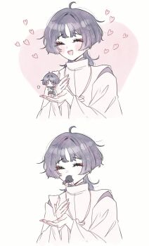 Rule 34 | 2boys, ahoge, aqua cape, black shorts, blunt ends, blush, cape, clothing cutout, cropped torso, dual persona, eyelashes, eyeliner, facing another, fingernails, genshin impact, grey eyes, grey hair, hands up, heart, heart background, highres, japanese clothes, jitome, kariginu, kimono, layered sleeves, long sleeves, looking to the side, makeup, mimacbr, mini person, miniboy, multiple boys, open mouth, parted bangs, puff of air, purple sleeves, red eyeliner, scaramouche (genshin impact), scaramouche (kabukimono) (genshin impact), sequential, shorts, shoulder cutout, side cape, teeth, upper teeth only, vore, wanderer (genshin impact), white background, white kimono, white sleeves