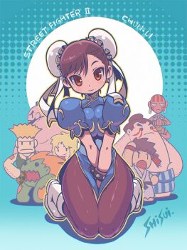 1girl 6+boys artist_name bald beard between_legs black_eyes black_hair blanka blonde_hair blue_dress boots bracelet breasts breasts_squeezed_together brown_eyes brown_hair bun_cover capcom character_name chibi china_dress chinese_clothes chun-li closed_mouth colored_skin commentary_request copyright_name dark-skinned_male dark_skin dhalsim double_bun dougi dress e._honda facial_hair facial_mark green_skin green_tank_top guile hair_bun halftone halftone_background hand_between_own_legs head_tilt headband highres jewelry ken_masters kneeling martial_arts_belt medium_breasts multiple_boys open_mouth orange_hair pantyhose puffy_short_sleeves puffy_sleeves red_headband ryu_(street_fighter) shisui short_hair short_sleeves smile spiked_bracelet spiked_hair spikes street_fighter street_fighter_ii_(series) tank_top topless_male v_arms white_boots wide_hips zangief