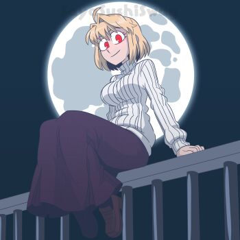 Rule 34 | 1girl, ahoge, arcueid brunestud, blonde hair, breasts, brown shoes, full moon, highres, large breasts, looking at viewer, moon, night, night sky, purple skirt, red eyes, resting, sayasushiswag, shoes, short hair, sitting, skirt, sky, smile, sweater, tsukihime, type-moon, white sweater