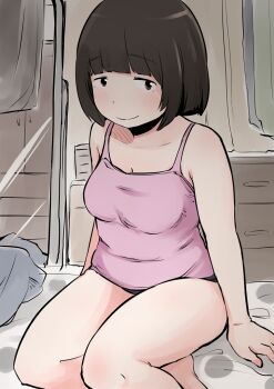 1girl barefoot bob_cut breasts brown_hair camisole feet_out_of_frame indoors kirinama01 looking_at_viewer medium_breasts original pink_camisole plump short_hair sitting