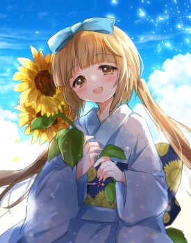 1girl blue_kimono blue_ribbon blue_sky blunt_bangs blush bow breasts brown_eyes brown_hair cloud day dot_nose floral_print flower hair_bow hair_ribbon hands_up highres holding holding_flower idolmaster idolmaster_cinderella_girls japanese_clothes kimono long_hair long_sleeves looking_at_viewer mochizuki_yomogi obi obijime open_mouth ponytail print_kimono print_sash ribbon sash sky small_breasts smile solo sunflower very_long_hair wide_sleeves yorita_yoshino