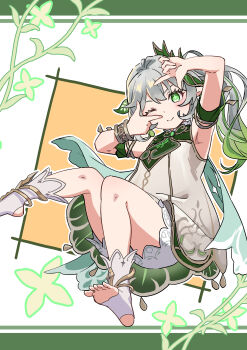 1girl ;) absurdres armpits bloomers blush bracelet cape closed_mouth commentary_request cross-shaped_pupils detached_sleeves dress finger_frame finger_frame_over_eye full_body genshin_impact gradient_hair green_eyes green_hair green_sleeves hair_between_eyes hair_ornament highres jewelry leaf long_hair looking_at_viewer multicolored_hair nahida_(genshin_impact) one_eye_closed pointy_ears side_ponytail sleeveless sleeveless_dress smile socks soles solo stirrup_footwear stirrup_legwear symbol-shaped_pupils takkun_(takkun20) toeless_legwear toes underwear white_bloomers white_dress white_hair