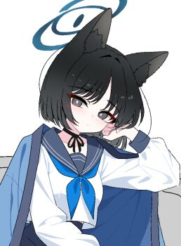 1girl animal_ear_fluff animal_ears black_choker black_eyes black_hair black_ribbon blue_archive blue_halo blush cat_ears choker choppy_bangs closed_mouth commentary halo haori_on_shoulders head_rest head_tilt kikyou_(blue_archive) lmg7811 long_sleeves looking_at_viewer neck_ribbon neckerchief parted_bangs puffy_sleeves ribbon sailor_collar school_uniform serafuku short_hair simple_background sitting solo white_background