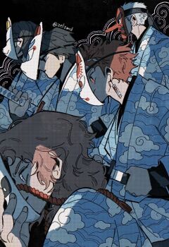 5boys black_background blue_kimono bright_pupils brown_eyes character_request closed_mouth cloud_print earrings fox_mask hanafuda_earrings highres holding holding_mask holding_sword holding_weapon japanese_clothes jewelry kamado_tanjirou katana kimetsu_no_yaiba kimono long_hair male_focus mask multiple_boys profile red_mask sabito_(kimetsu) short_hair sword tengu_mask tomioka_giyuu twitter_username upper_body urokodaki_sakonji weapon white_pupils zelzmd